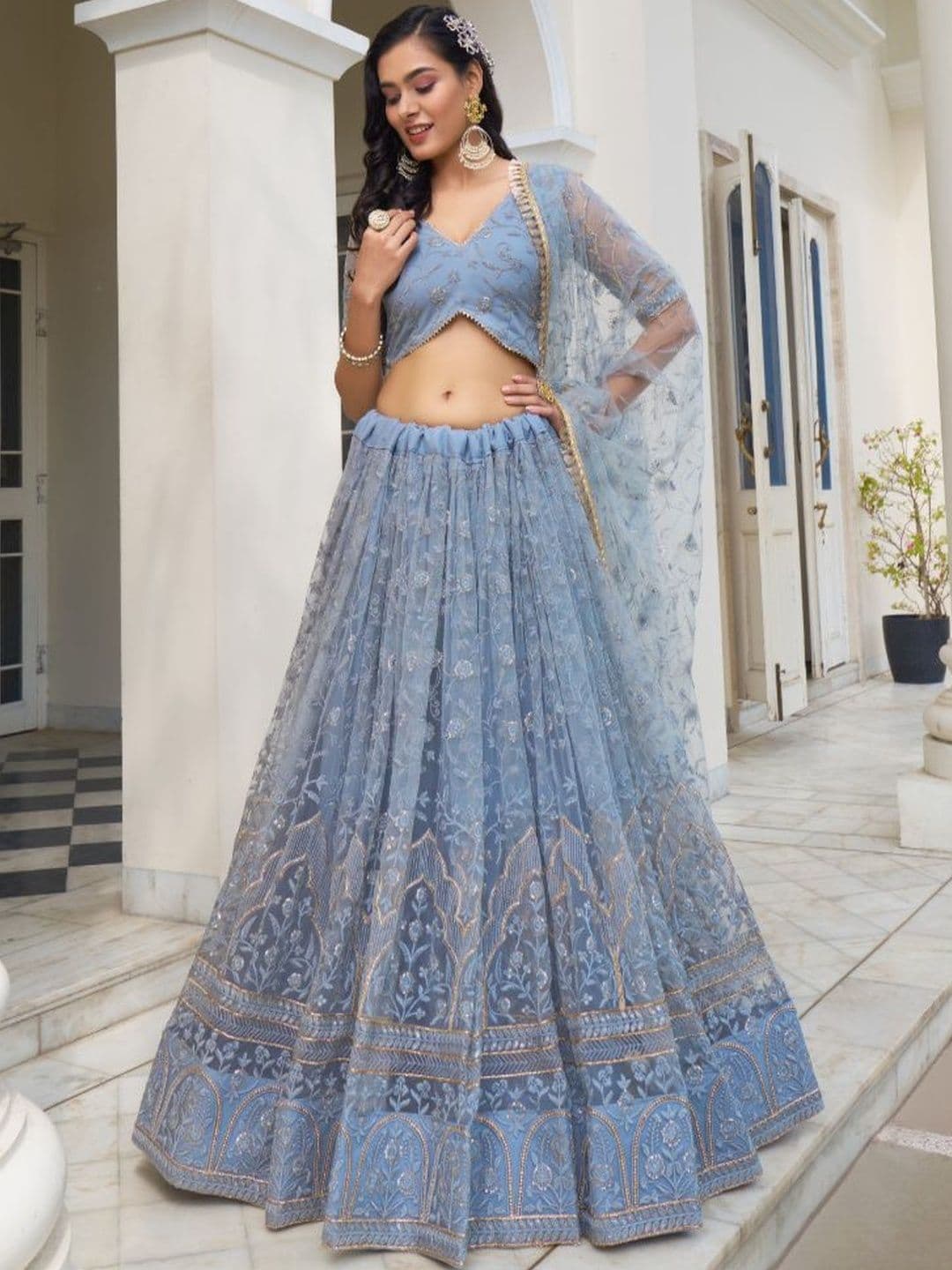 EthniQlo Grey Light Blue Thread Embroidered Lehenga Choli - view 1
