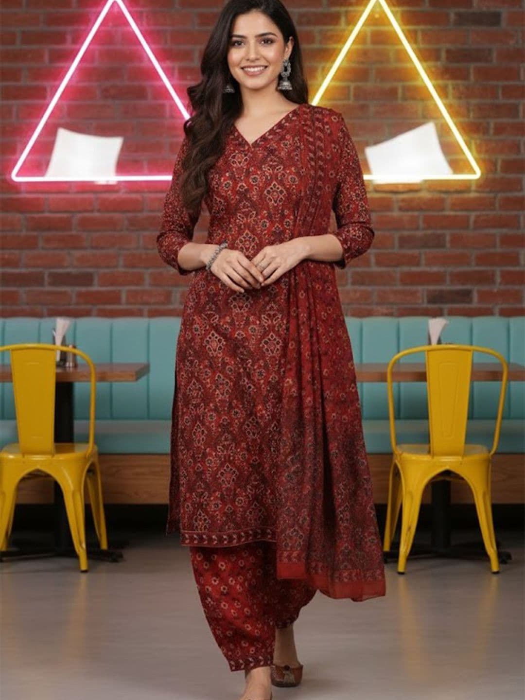 KALINI Floral Printed V Neck Pure Cotton Kurta With Trousers & Dupatta - view 1