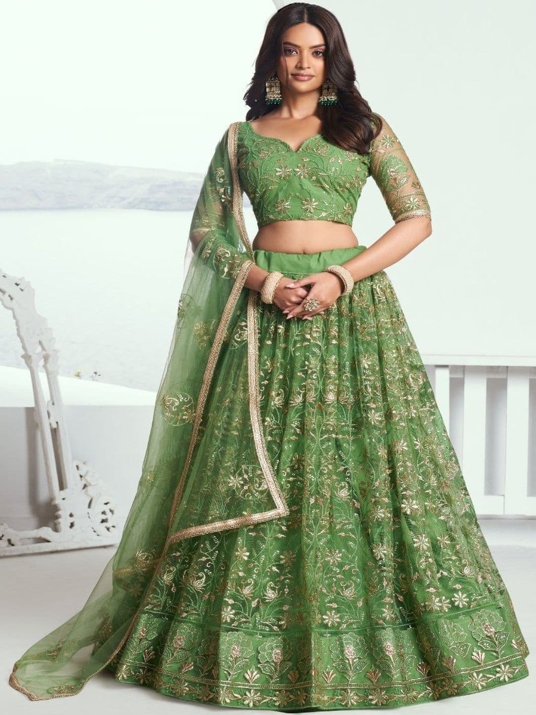 Ethniqlo Pista Green Embroidered Party Wear Lehenga Choli - view 1
