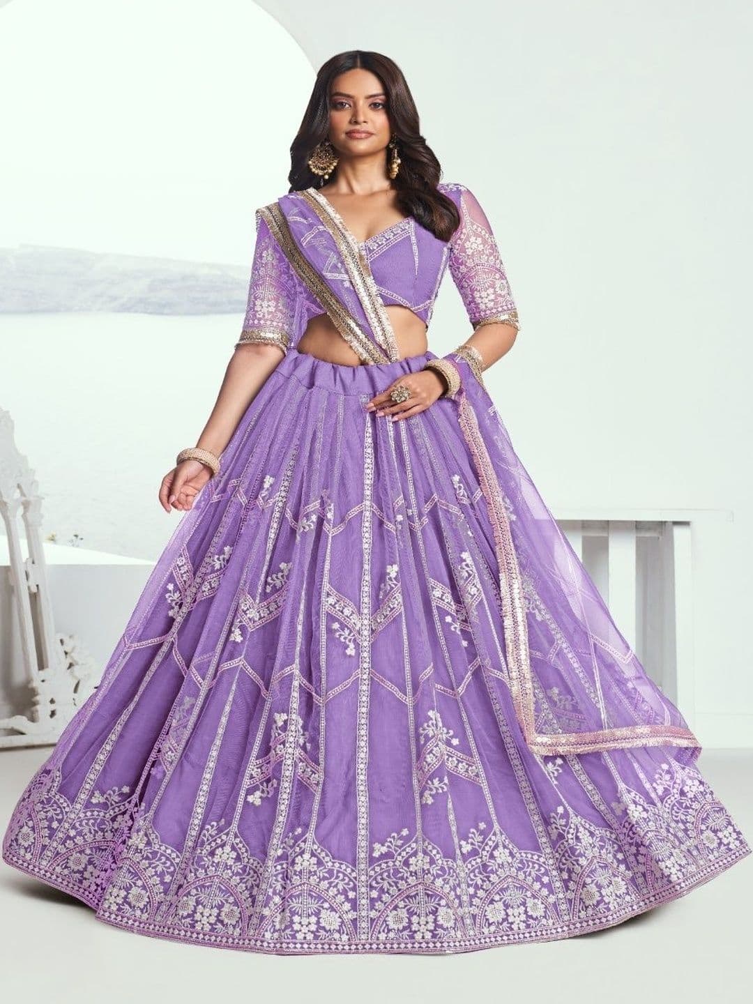 EthniQlo Purple Sequined Embroidered Work Lehenga Choli - view 1
