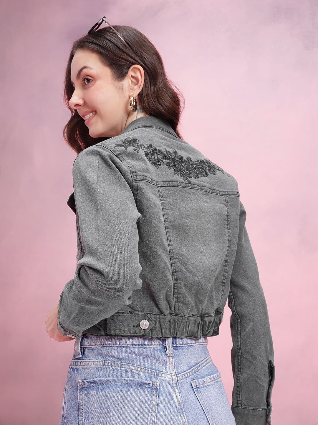 DressBerry Floral Spread Collar Crop Pure Cotton Denim Jacket with Patchwork Detail - view 1