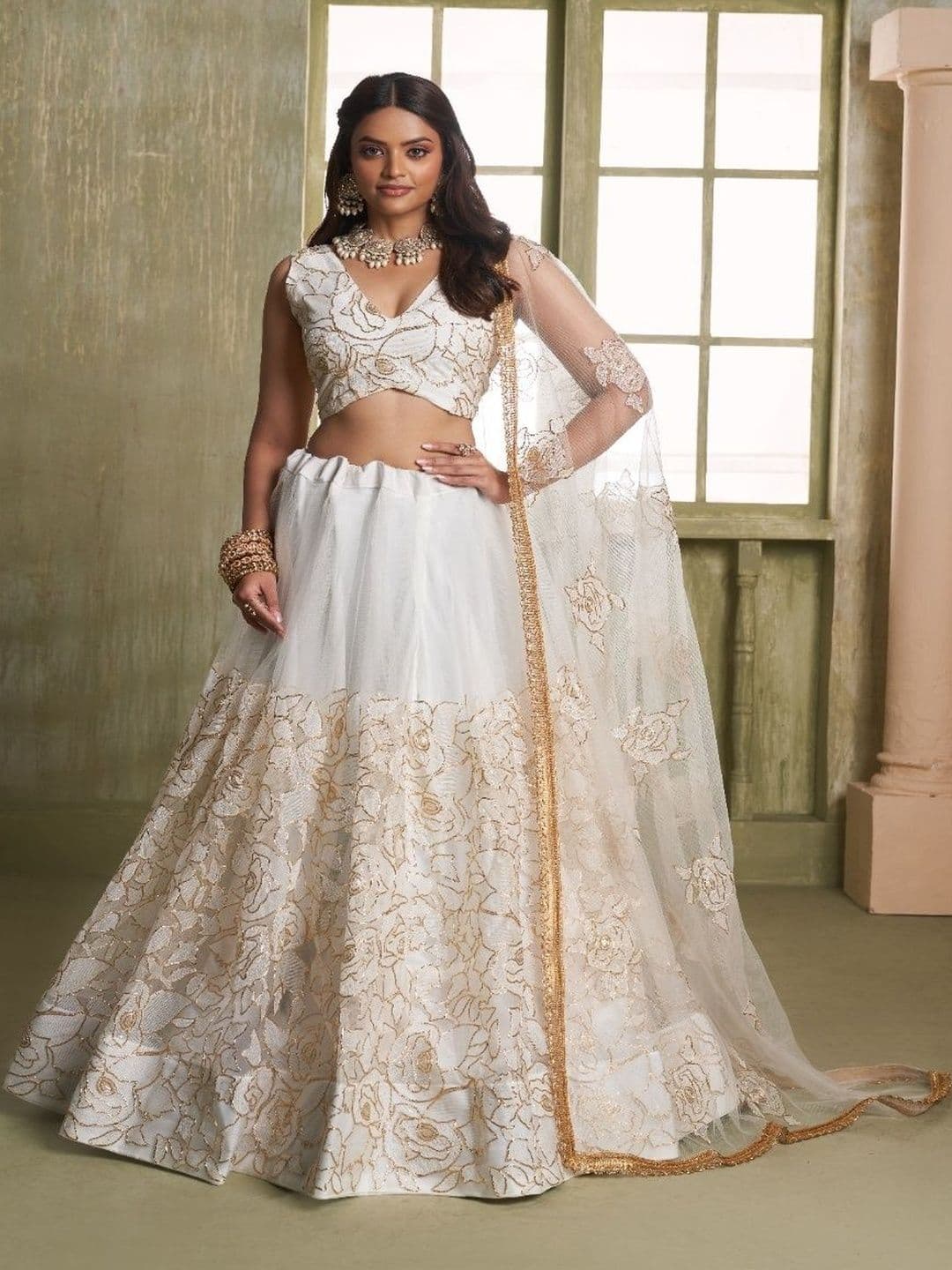 Ethniqlo Off White Embroidered Party Wear Lehenga Choli - view 1