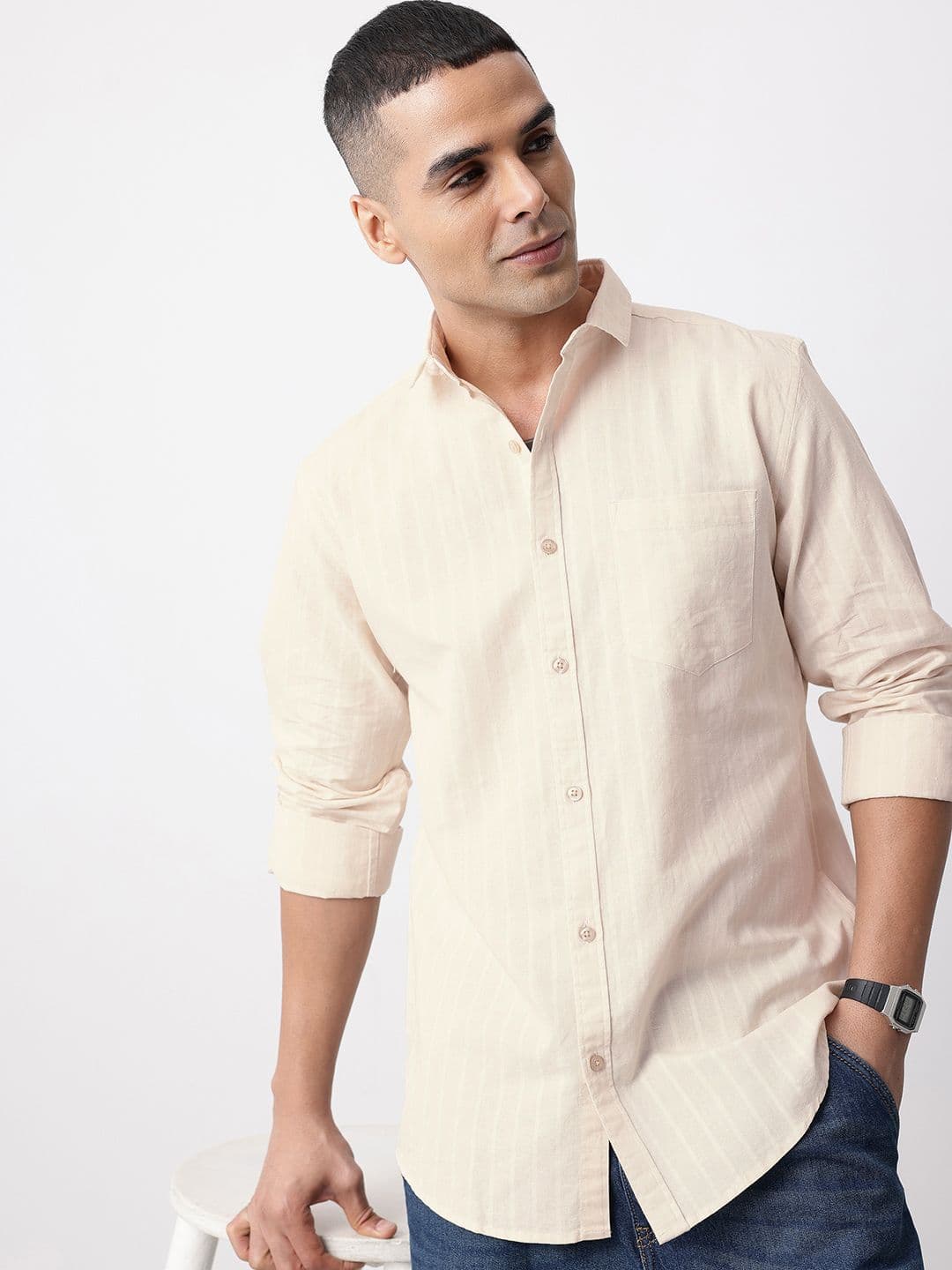 Mast & Harbour Slim Fit Striped Cotton Linen Casual Shirt - view 1