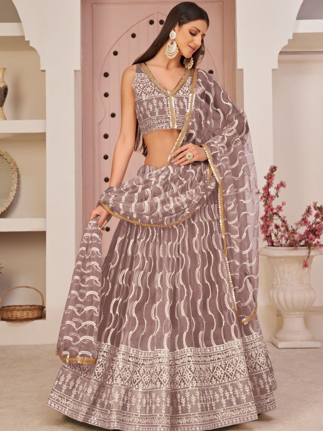 Ethniqlo Pink Net Embroidered Lehenga Choli - view 1