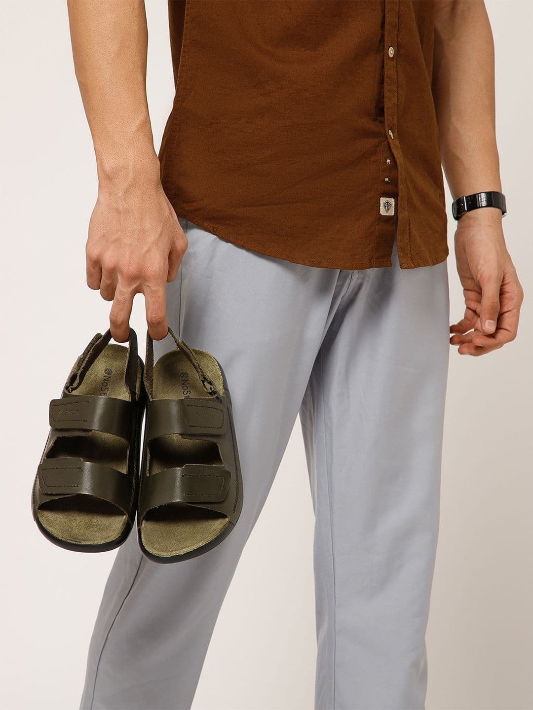 NoStrain Back Strap Leather Sandals in Olive Green color for men. - view 1