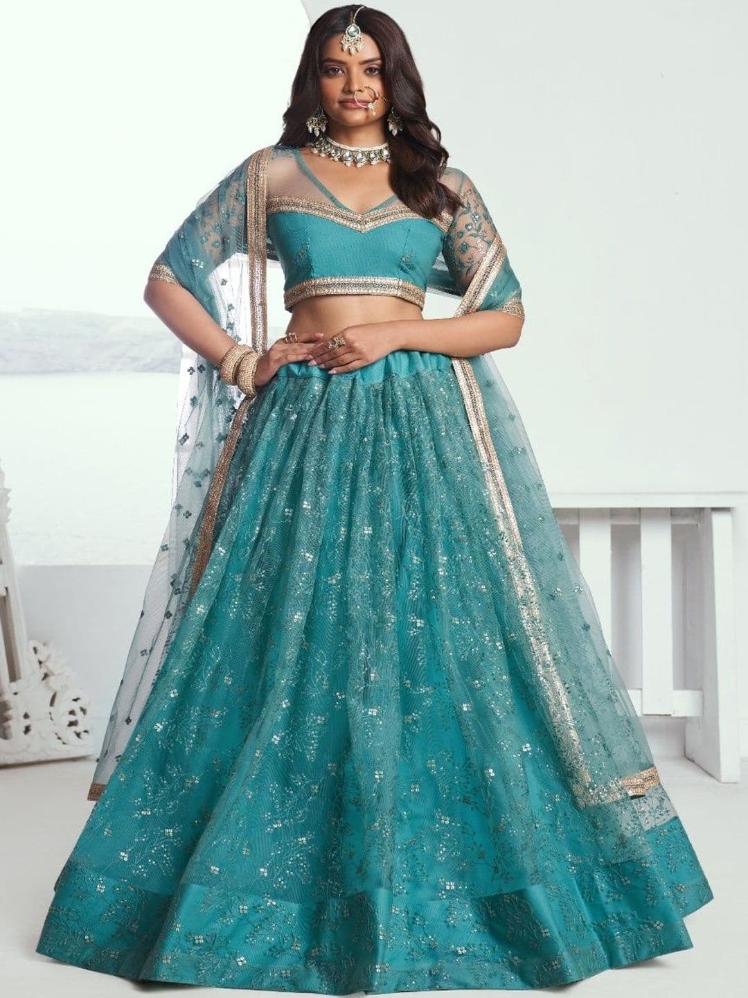 EthniQlo Turquoise Embroidered Net Lehenga Choli - view 1