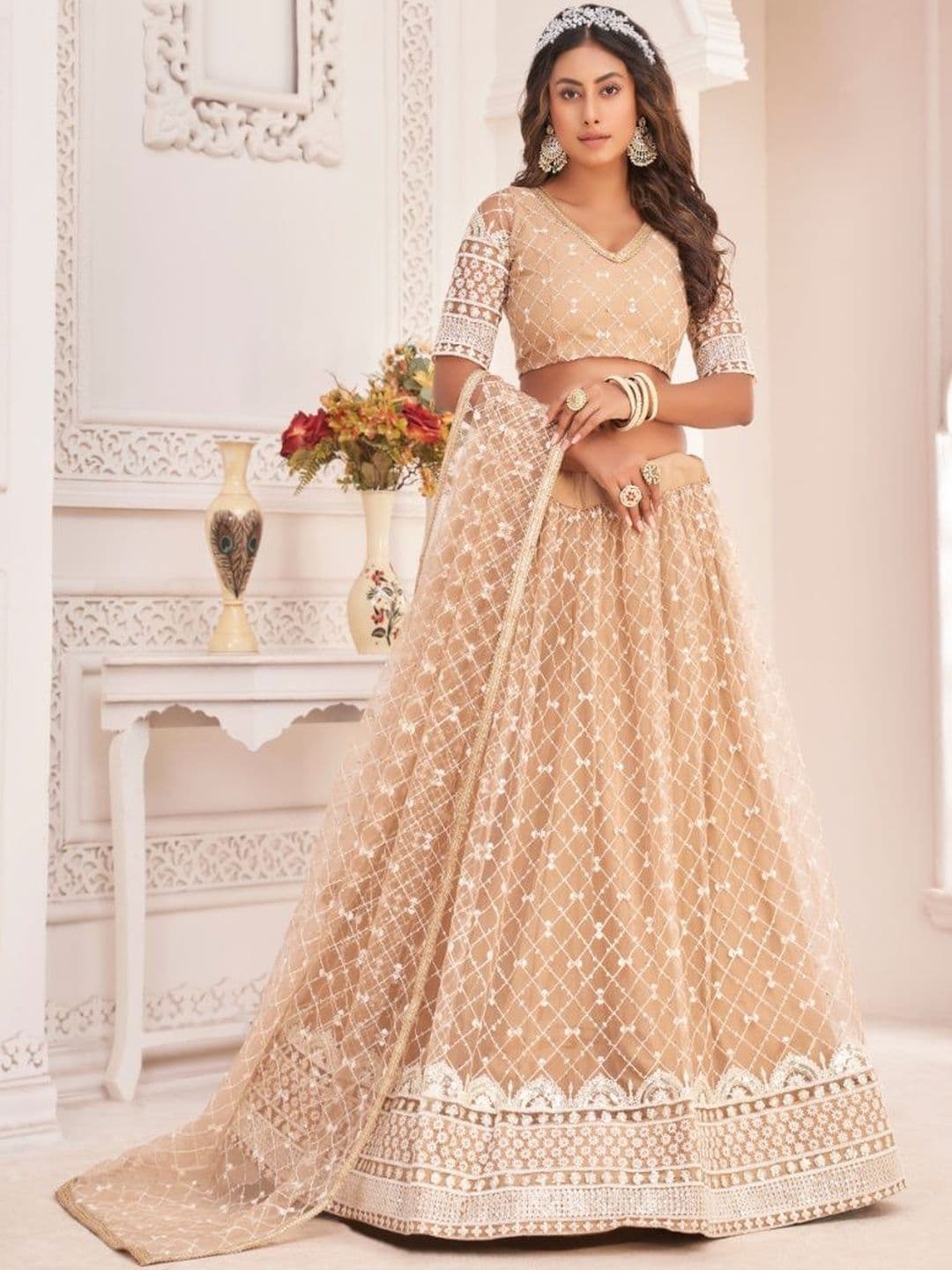 EthniQlo Beige Sequins Embroidered Net Lehenga Choli - view 1