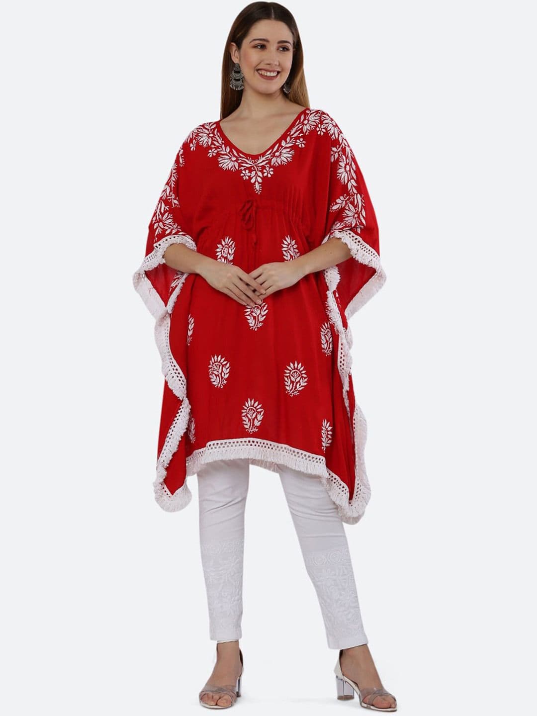 FAWOMENT Women Red Ethnic Motifs Printed Chikankari Kaftan Kurta - view 1