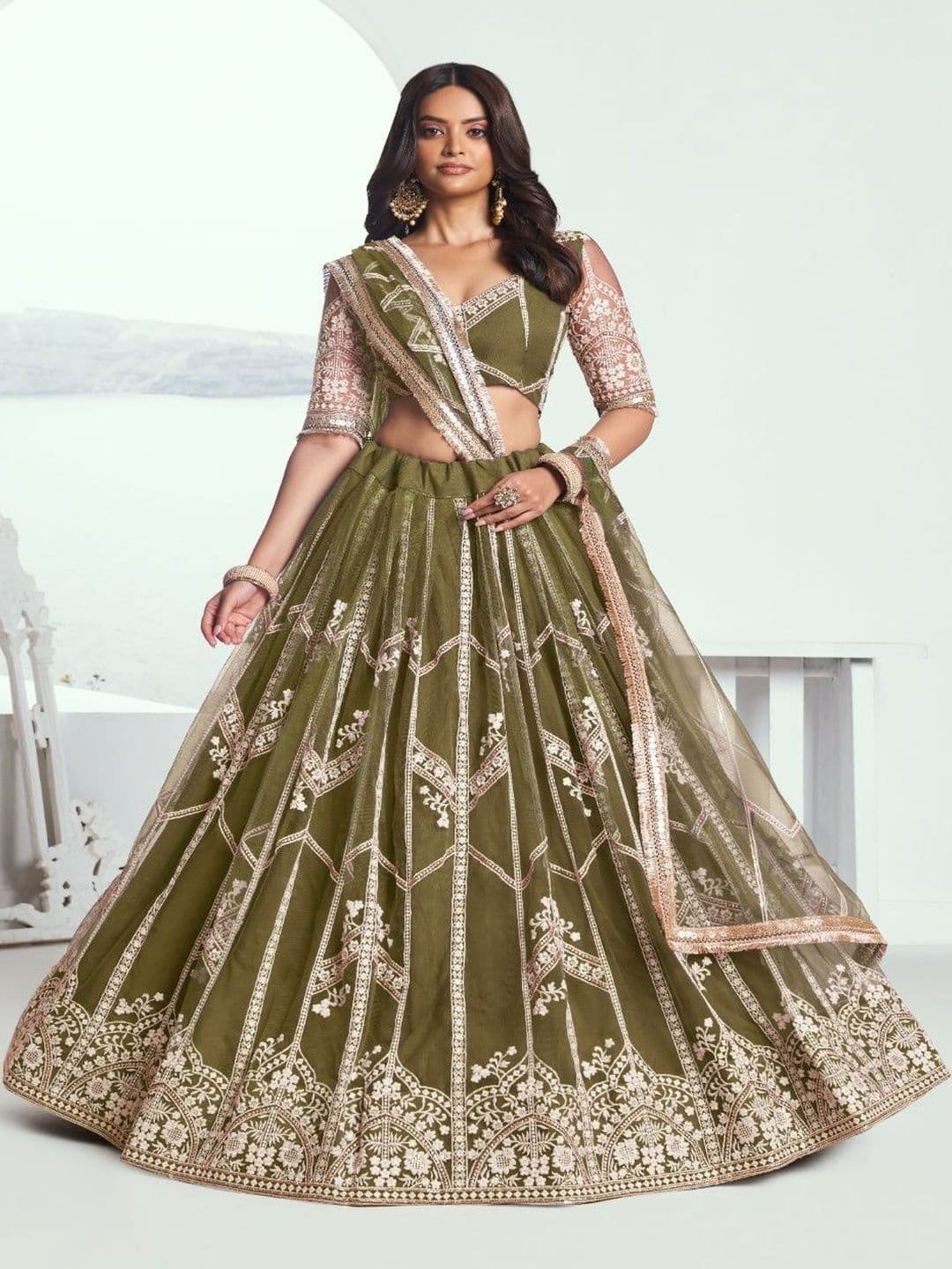 EthniQlo Green Embroidered Party Wear Lehenga Choli - view 1