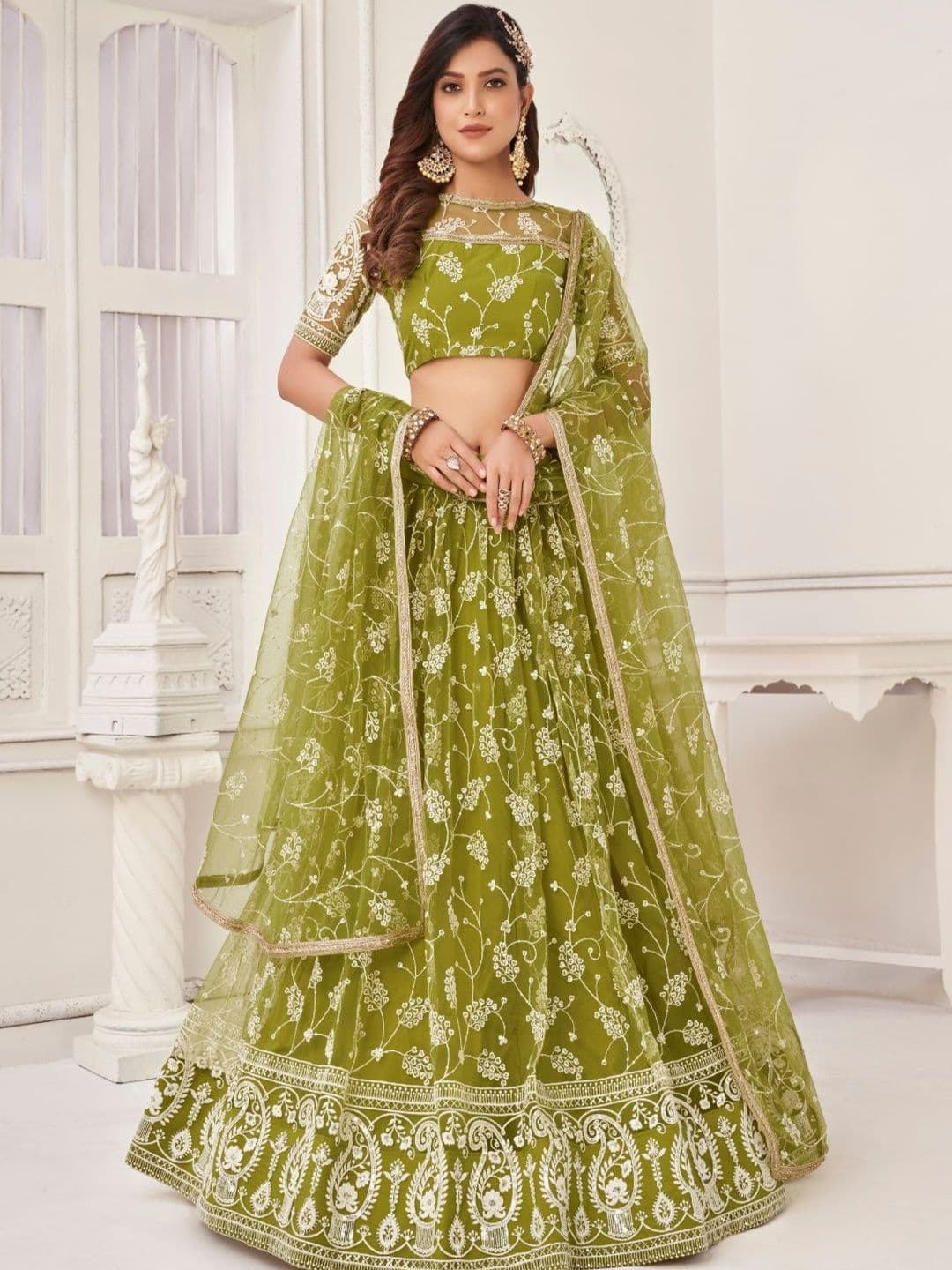 EthniQlo Green Traditional Sequin & Embroidered Lehenga Choli - view 1