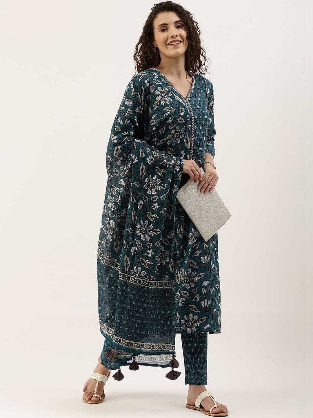 KALINI Floral Printed Cotton Dupatta with Tassles - view 1