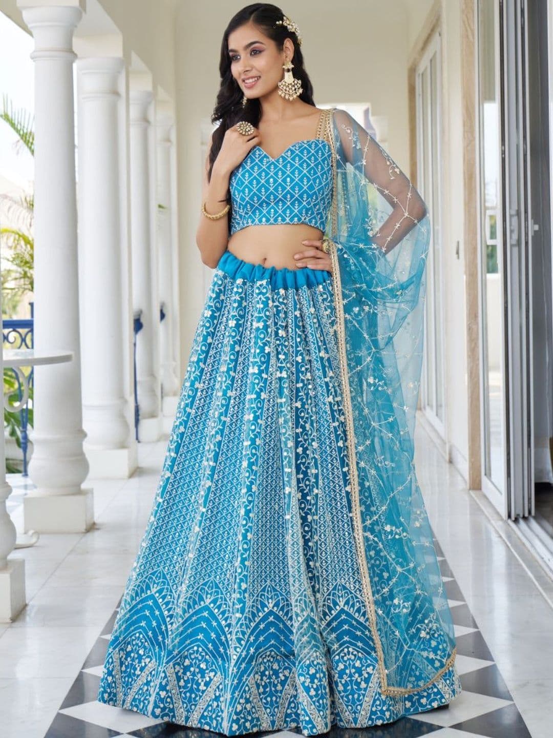 EthniQlo Blue Thread Embroidery Net Lehenga Choli - view 1