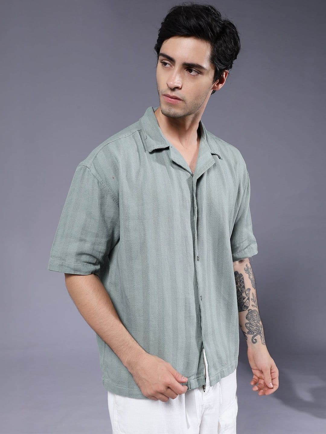 PRONK Men's Sage Green Textured Oversized Cuban Collar Half Sleeve Casual Shirt - view 1