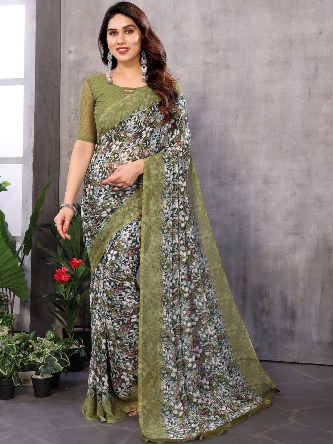 HERE&NOW Floral Pure Georgette Handloom Saree - view 1