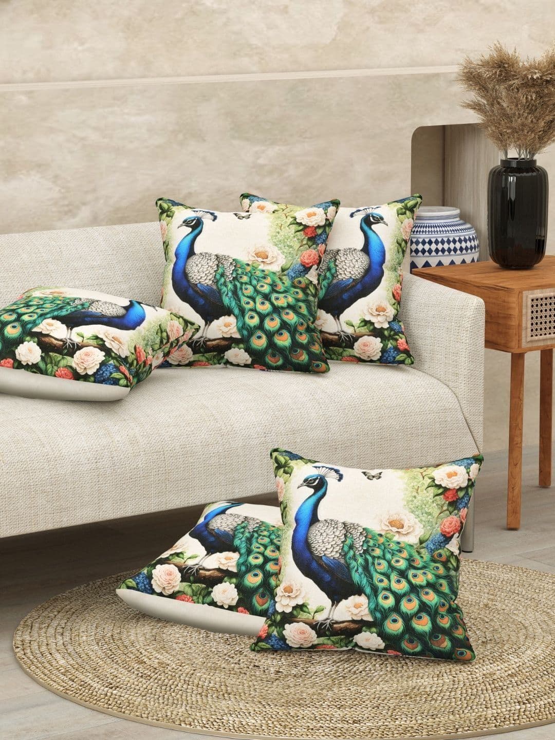 JAIPUR FABRIC Beige & Green Set of 5 Square Cushion Covers - view 1