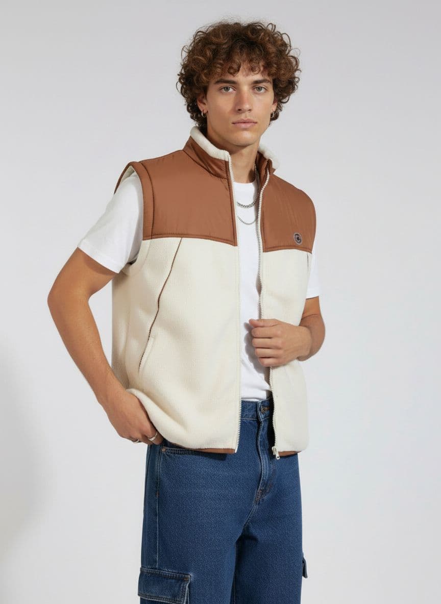 glitchez Fleece Colourblocked Gilet Jacket with Contrast Piping Details - view 1