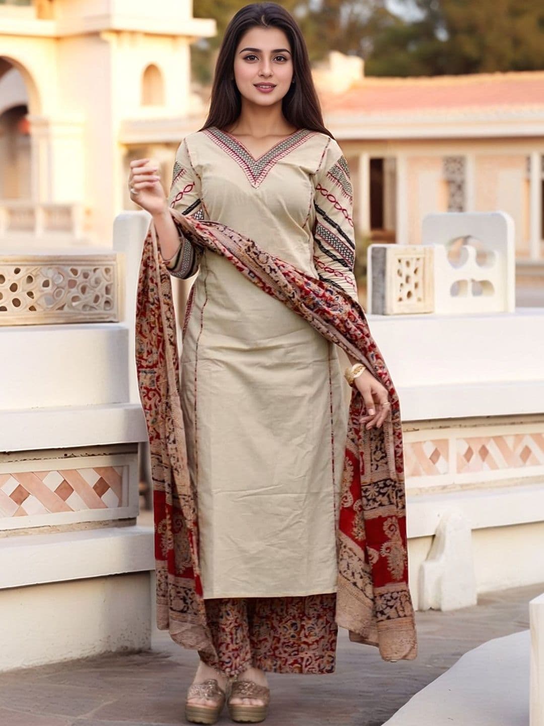 Moda Rapido Women Ethnic Motifs Embroidered Regular Thread Work Kurta with Trousers & With Dupatta - view 1