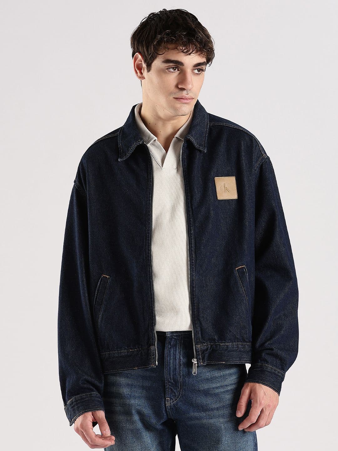 Calvin Klein Jeans Men Spread Collar Solid Cotton Casual Denim Jacket - view 1