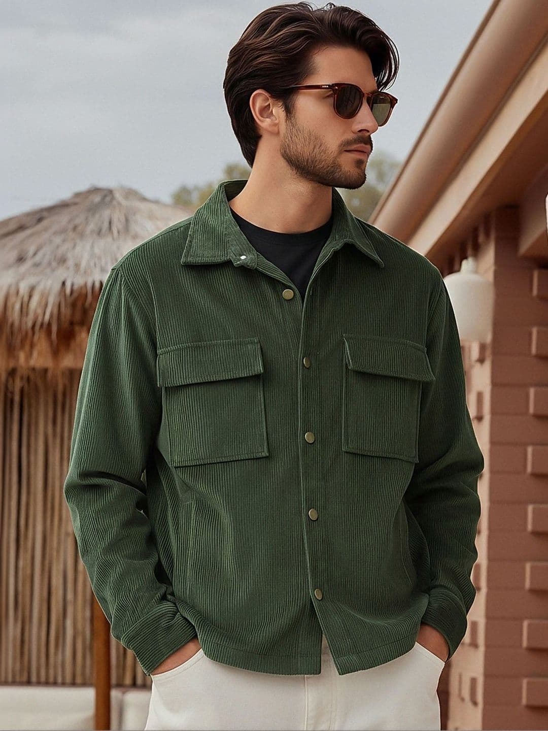 Bewakoof Men Dark Olive Green Corduroy Jacket - view 1