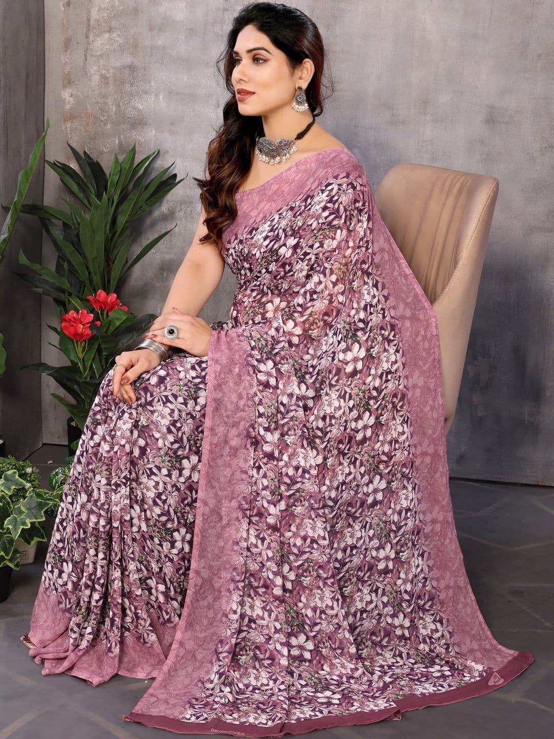 HERE&NOW Floral Pure Georgette Designer Saree - view 1