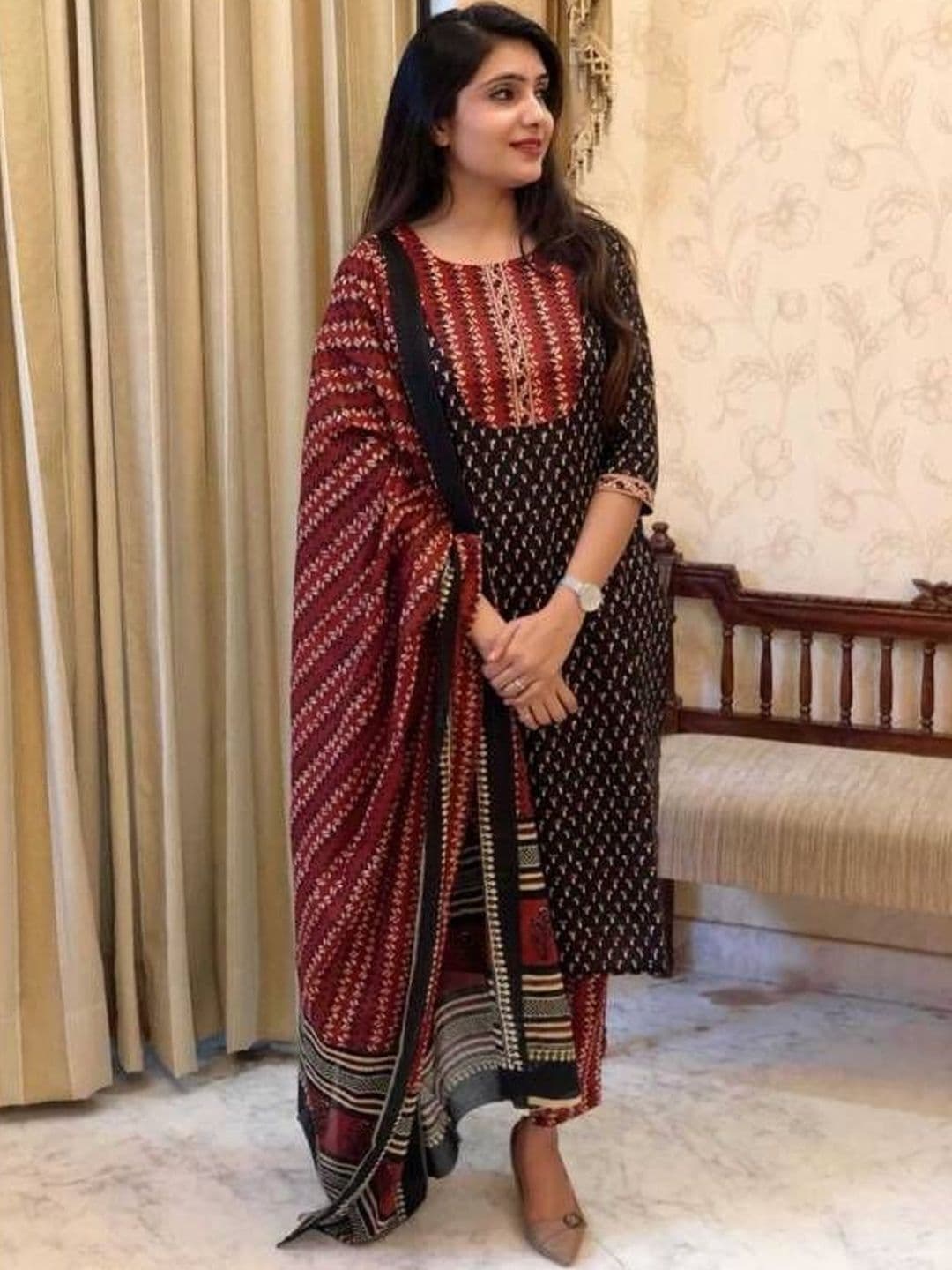 KALINI Women Ethnic Motifs Printed Regular Thread Work Kurta with Trousers & With Dupatta - view 1