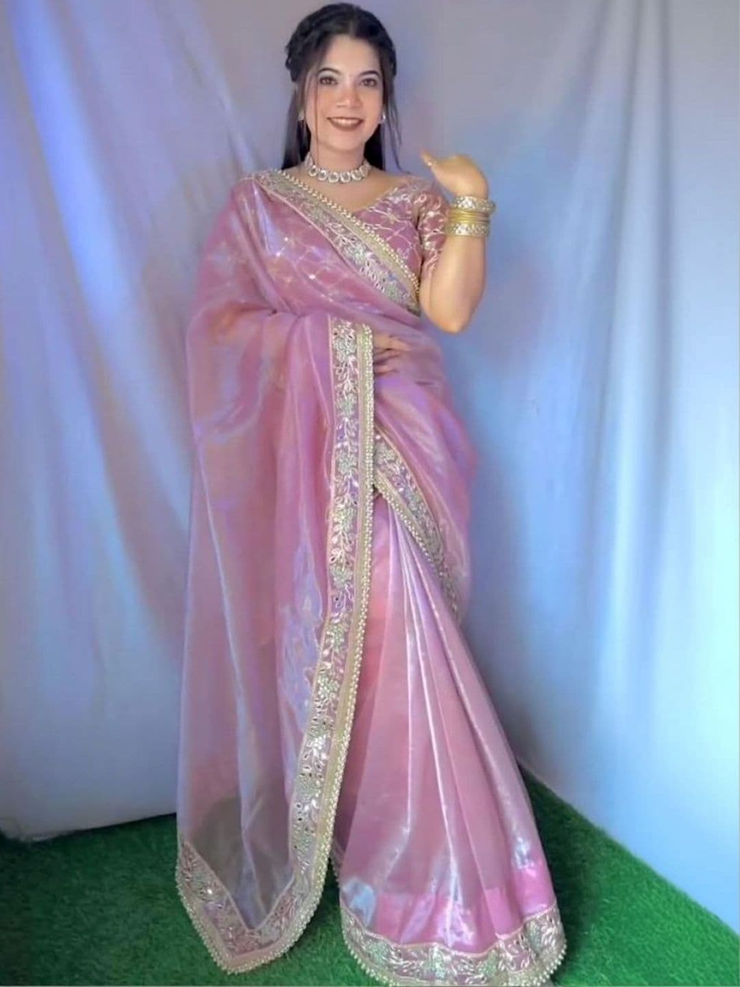 Celeb Styles Embellished Mirror Work Net Saree - view 1