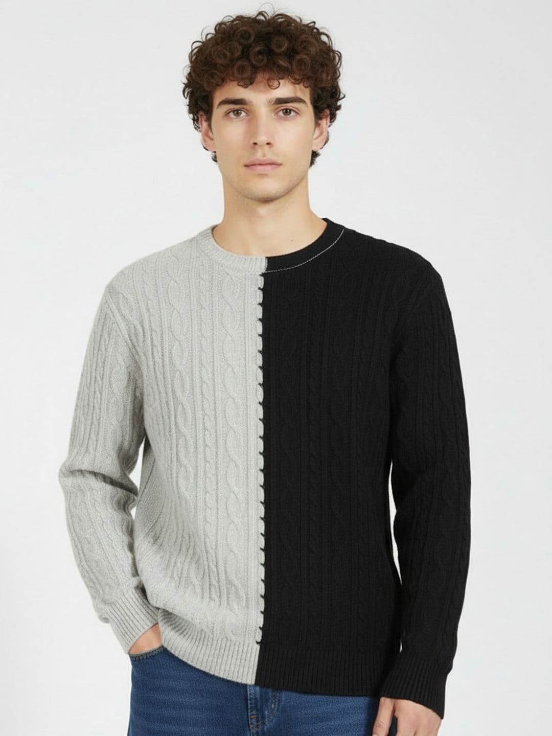 glitchez Cable Knit Colourblocked Relaxed Fit Pullover - view 1
