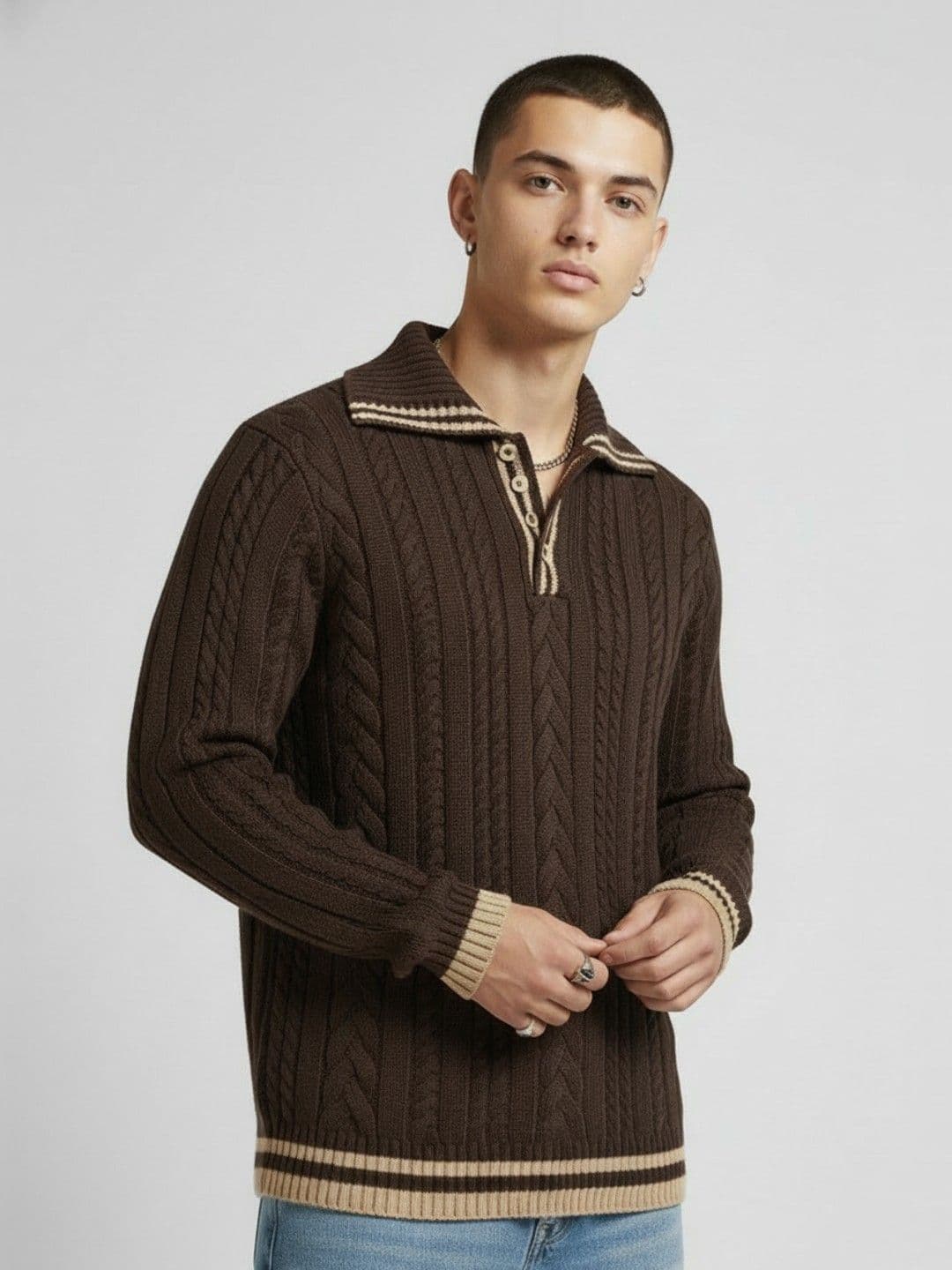 glitchez Contrast Striped Detail Cable Knit Pullover - view 1