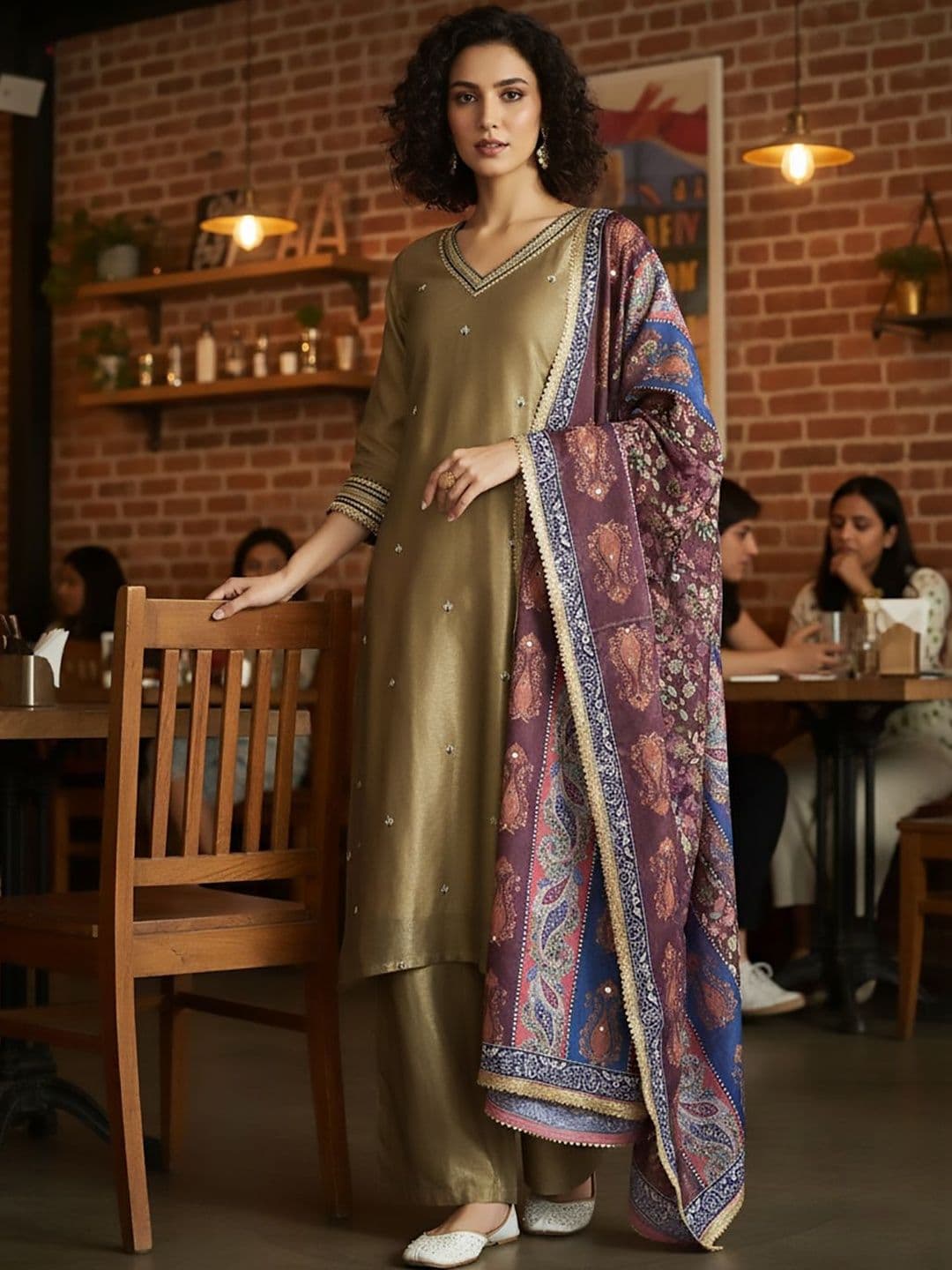 House of Pataudi Embroidered V-Neck Kurta & Trousers With Dupatta - view 1