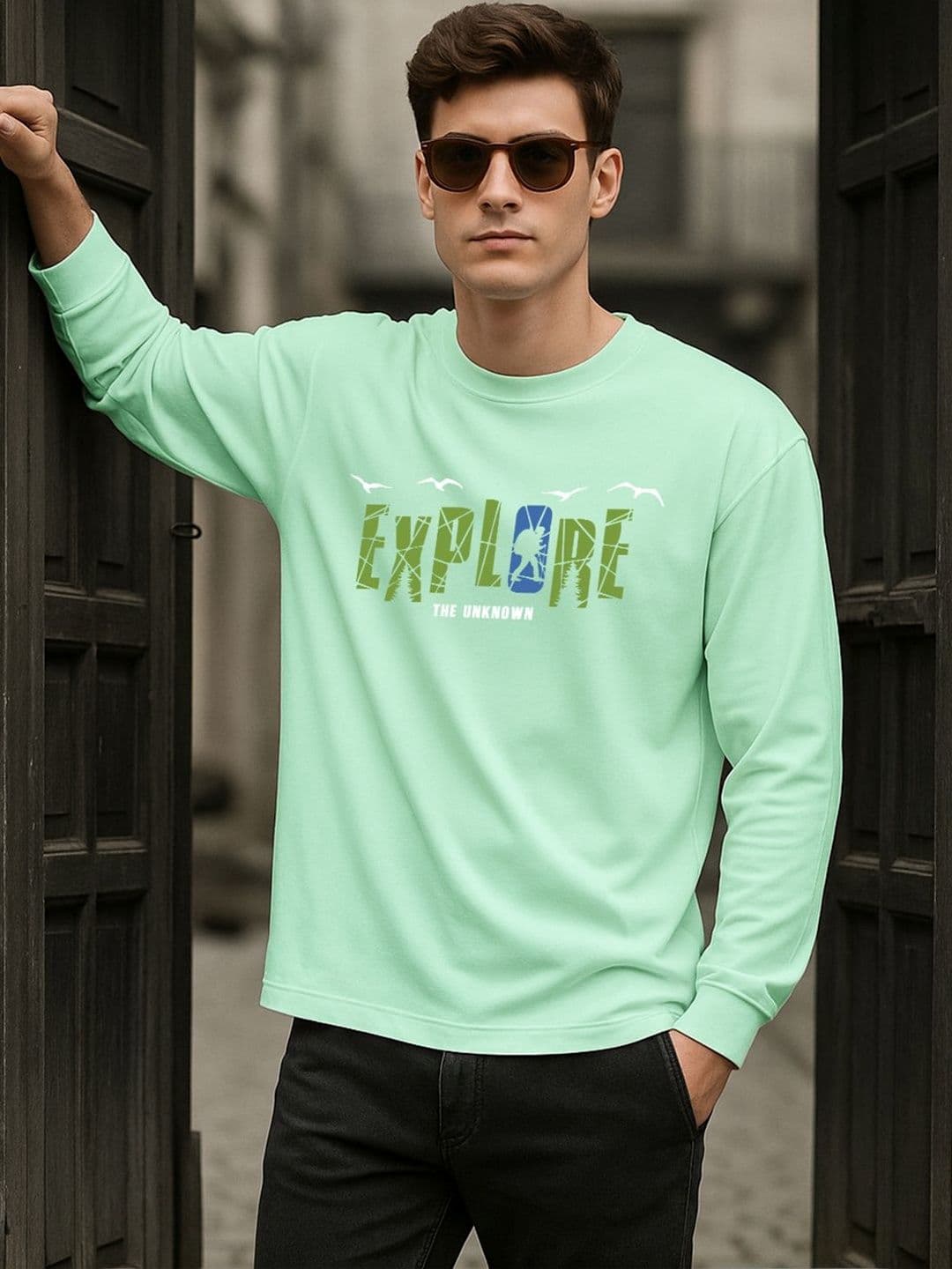Bewakoof Men Bird Egg Green Explore The Unknown Typography Oversized T-shirt - view 1
