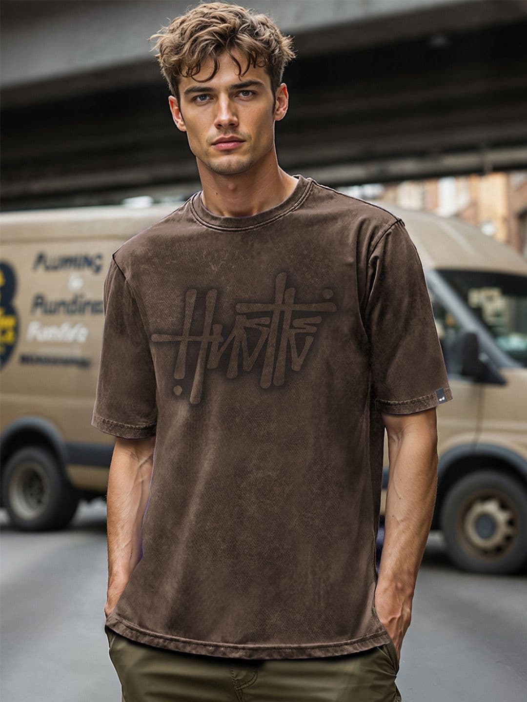 Bewakoof Men's Brown Hustle Typography Oversized Acid Wash T-shirt - view 1