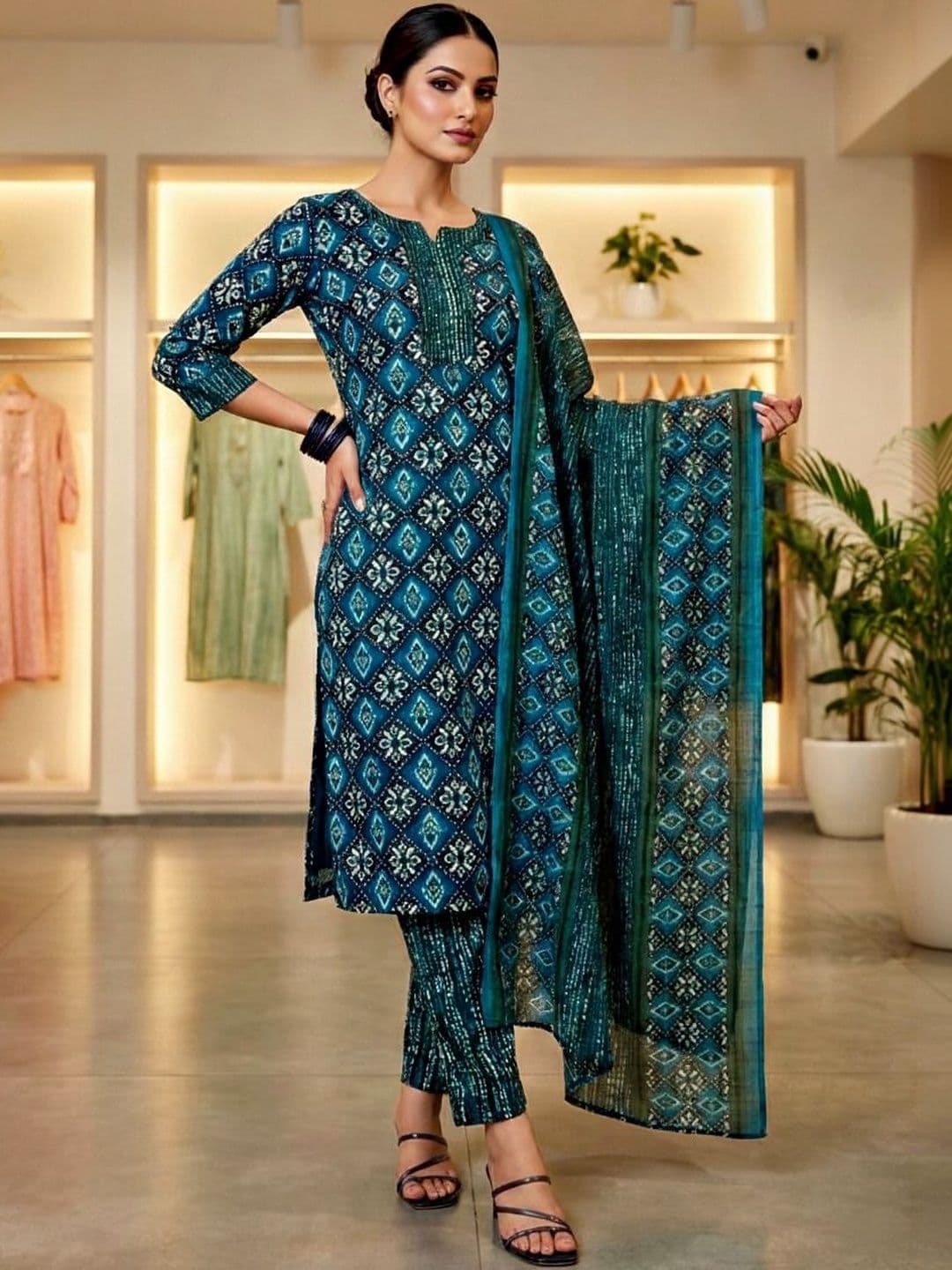 PMD Fashion Women Printed Regular Thread Work Kurta with Trousers & With Dupatta - view 1
