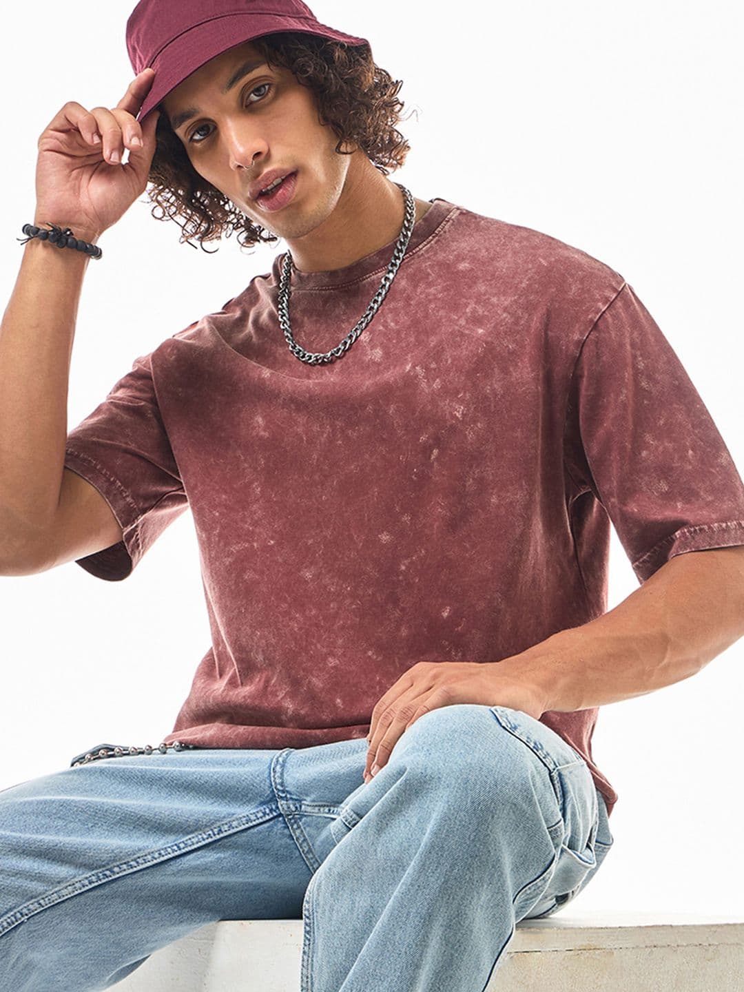 Bewakoof Red Oversized Cotton Acid Wash T-shirt - view 1