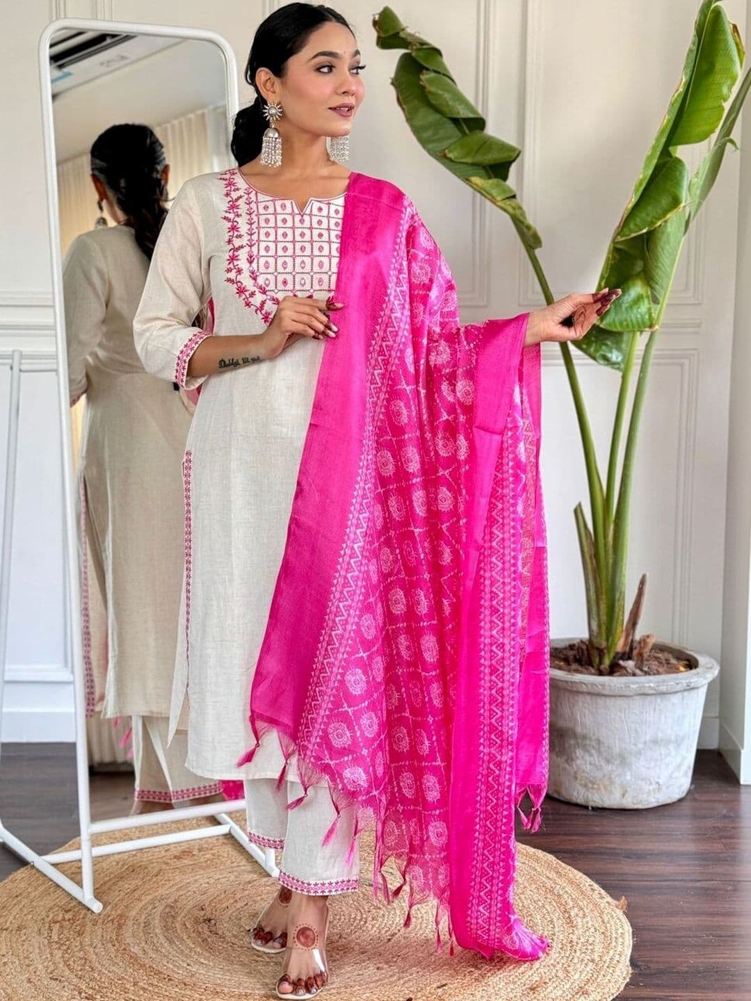 TRAHIMAM Women Ethnic Motifs Embroidered Regular Thread Work Pure Cotton Kurta with Trousers & With Dupatta - view 1