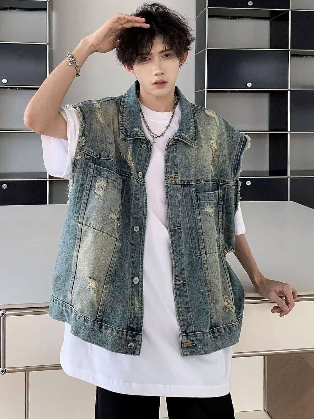 KPOP Men Washed Denim Jacket - view 1