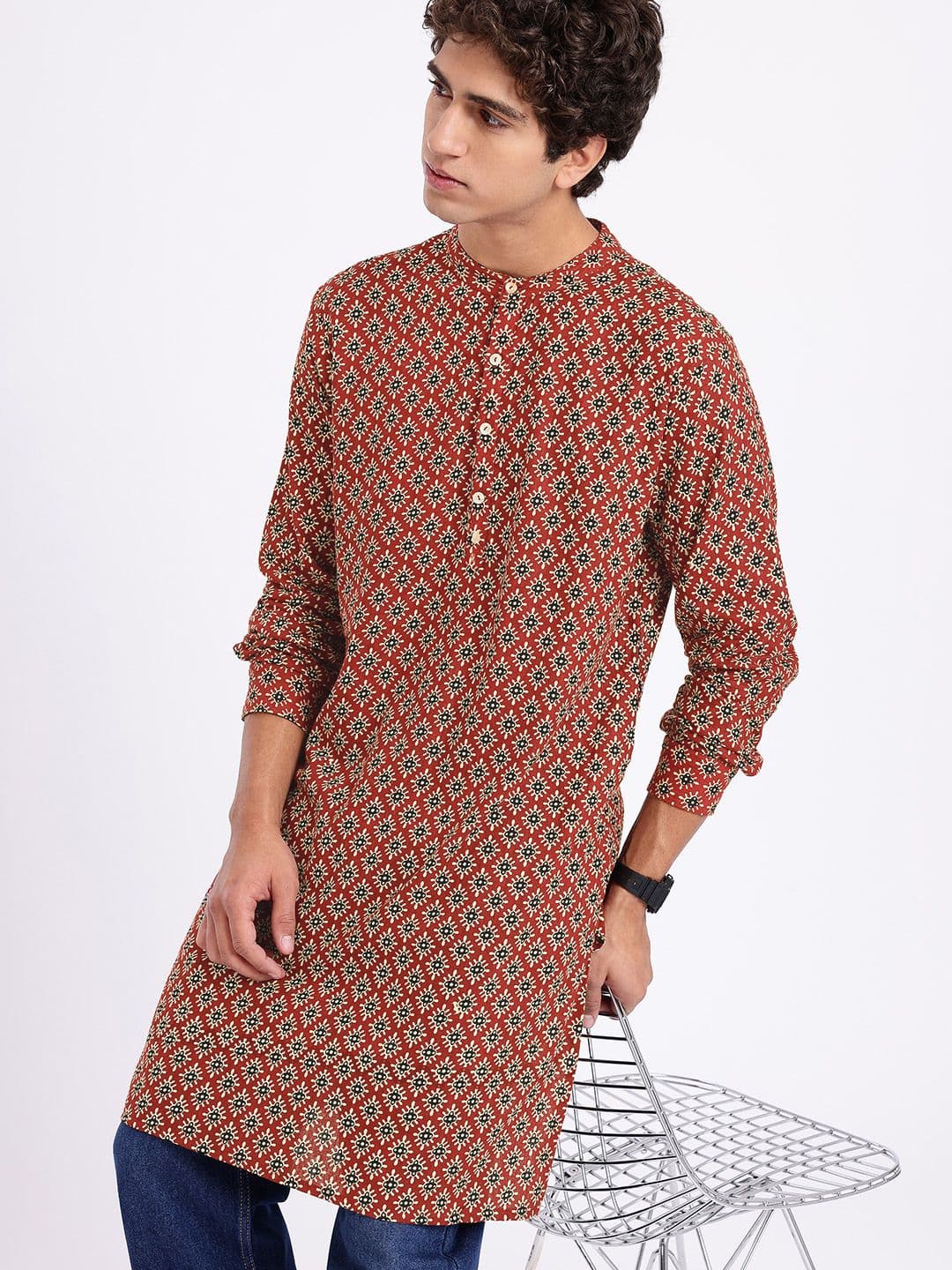 Anouk Rustic Floral Printed Band Collar Straight Kurta - view 1