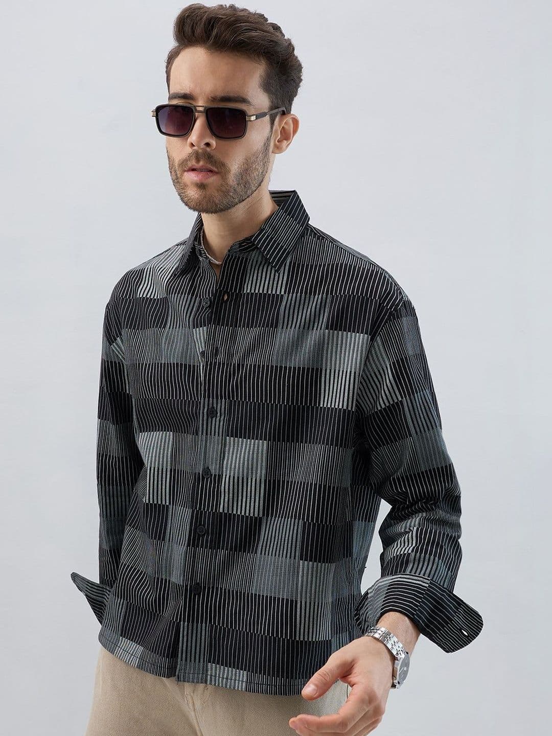 VASTRADO Distinguished Monochrome Geometric Cotton Long Sleeves Boxy Fit Shirt - view 1
