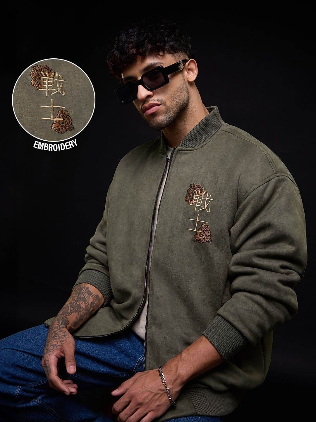 The Souled Store Men Oversized Fit Dragon Printed Olive Bomber Jackets - view 1