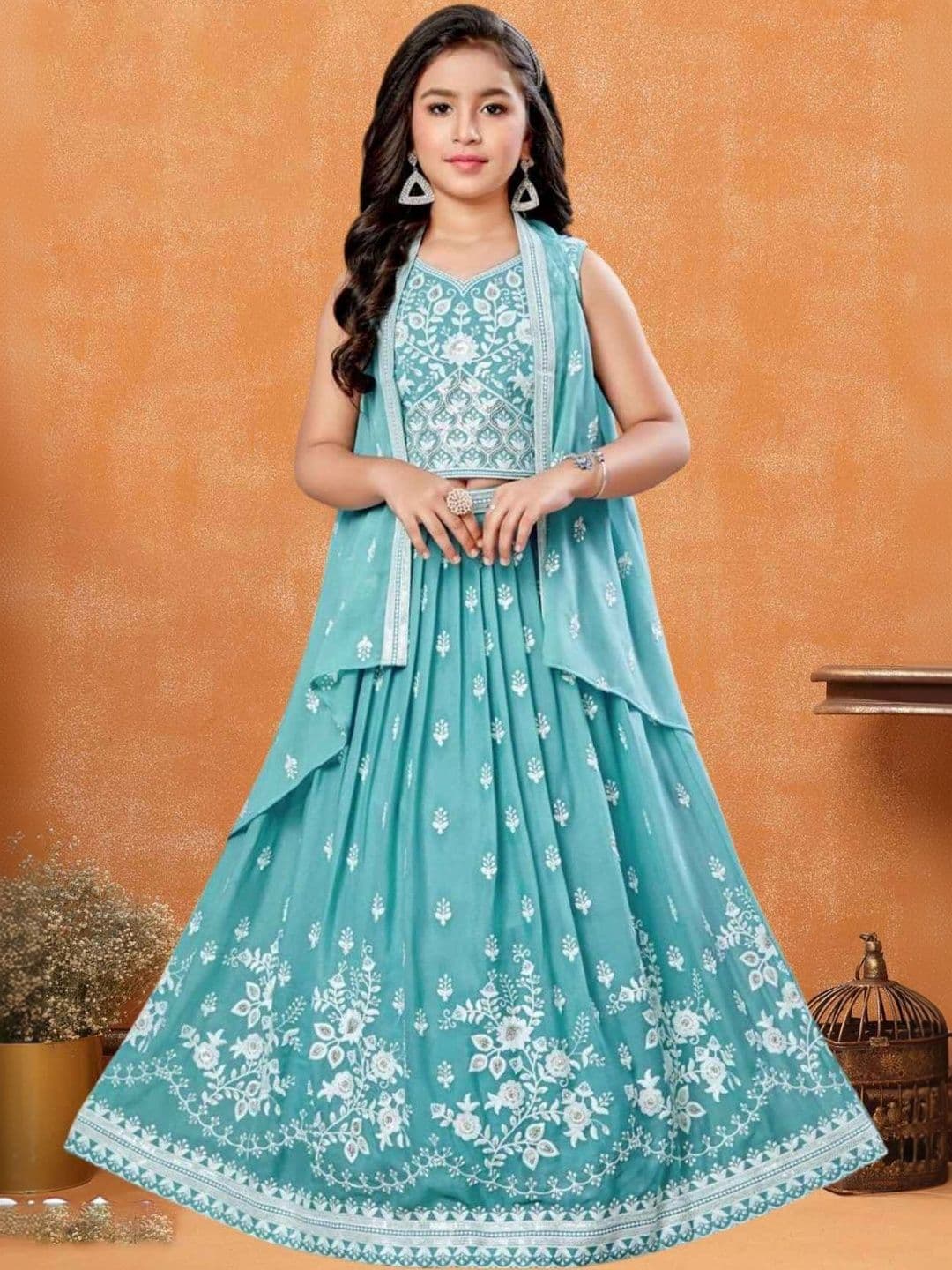 Lagorii Girls Embroidered Thread Work Semi-Stitched Lehenga & Blouse With Dupatta - view 1
