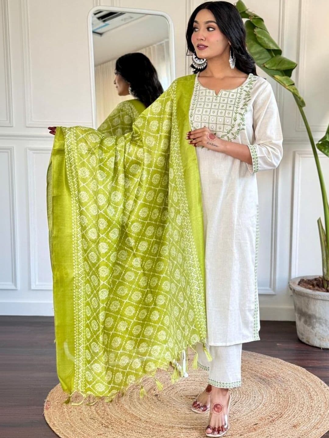 TRAHIMAM Women Embroidered Regular Thread Work Pure Cotton Kurta with Trousers & With Dupatta - view 1