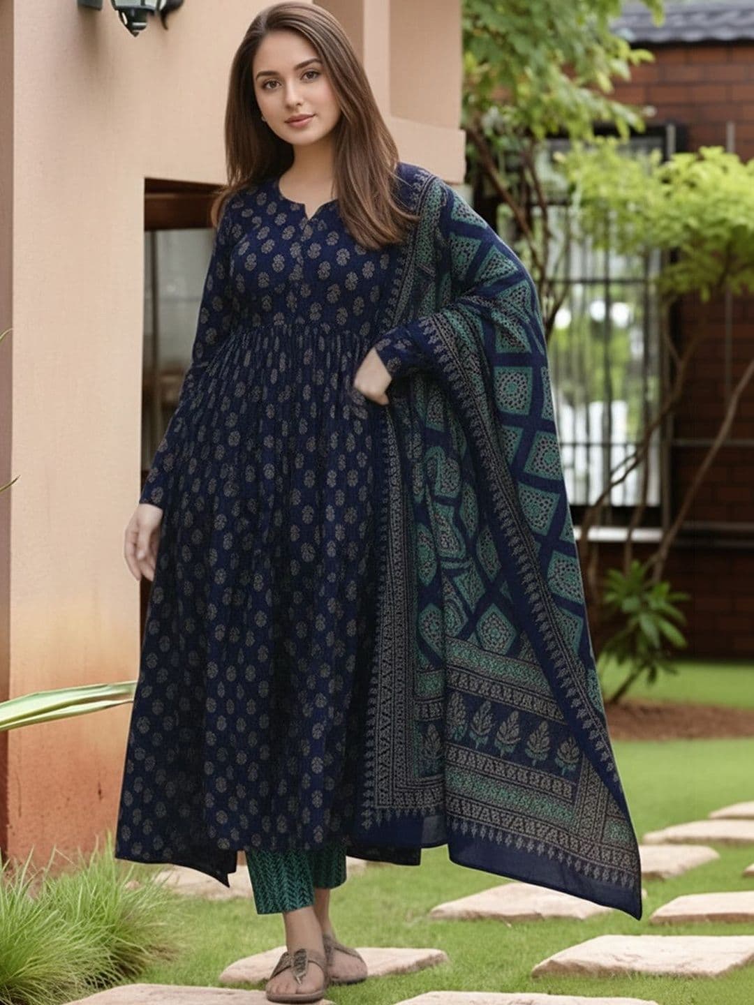 Aaghnya Women Ethnic Motifs Printed Panelled Kurta with Trousers & With Dupatta - view 1