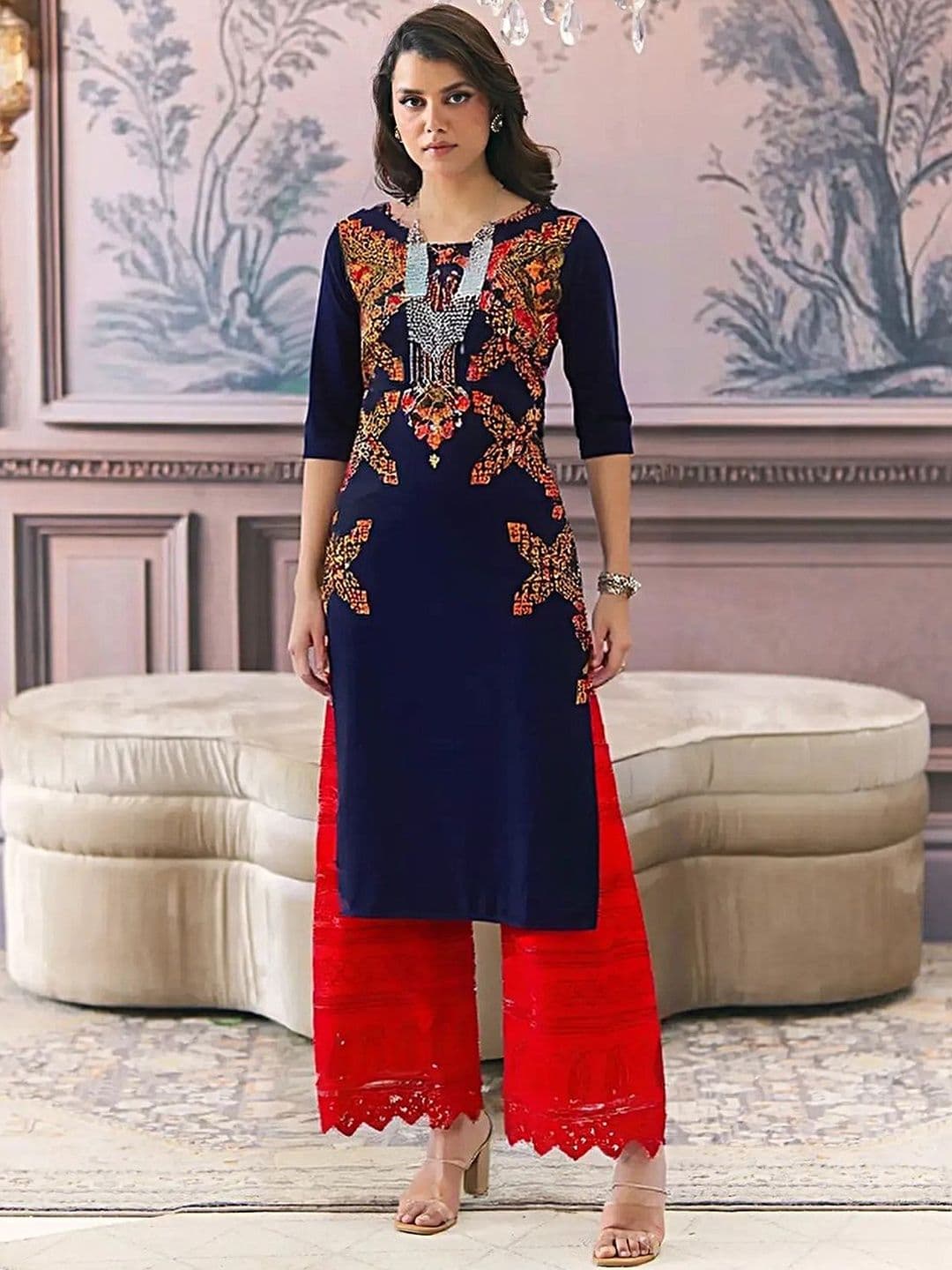 arangya Pack Of 2 Women Ethnic Motifs Embroidered Crepe Kurta - view 1