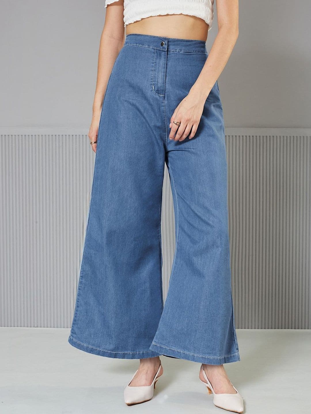 Miss Chase Women Light Weight Denim Flared Wide-Leg High Rise Non Stretchable Pants - view 1