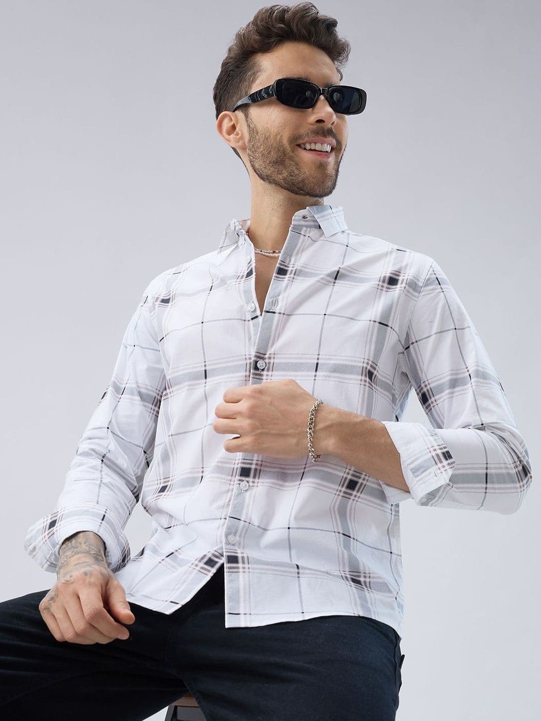 VASTRADO Morning Brew Windowpane Checks Cotton Long Sleeves Slim Fit Shirt - view 1