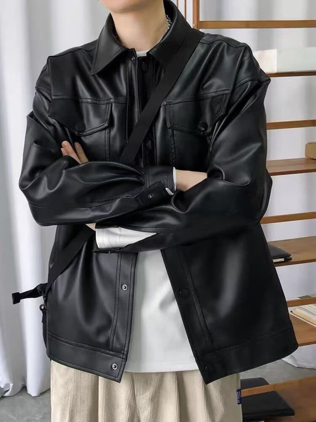 KPOP Men Leather Open Front Jacket - view 1