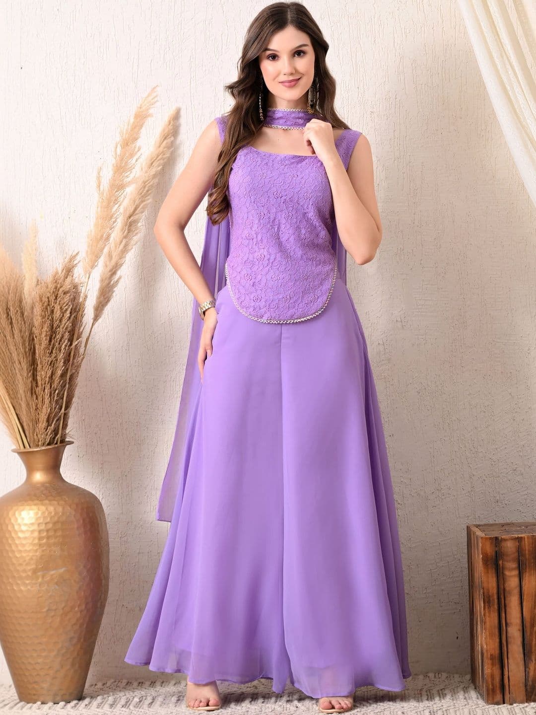 V&M Embroidered Square Neck Top & Flared Palazzos With Dupatta Co-Ords - view 1