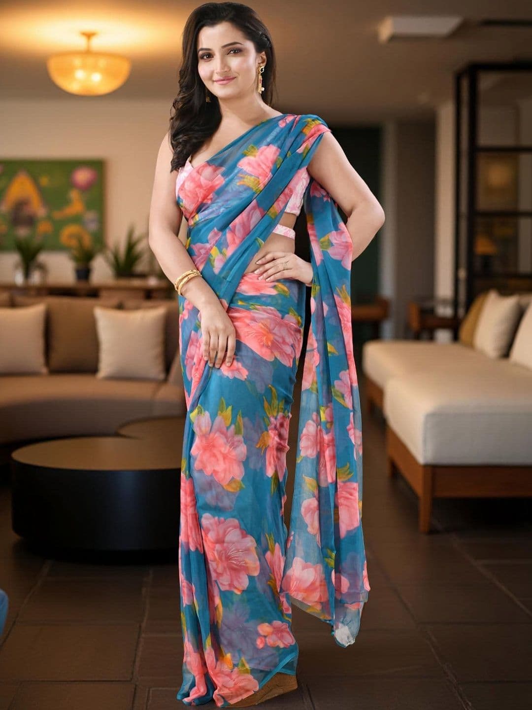 DESH BIDESH Floral Pure Chiffon Saree - view 1
