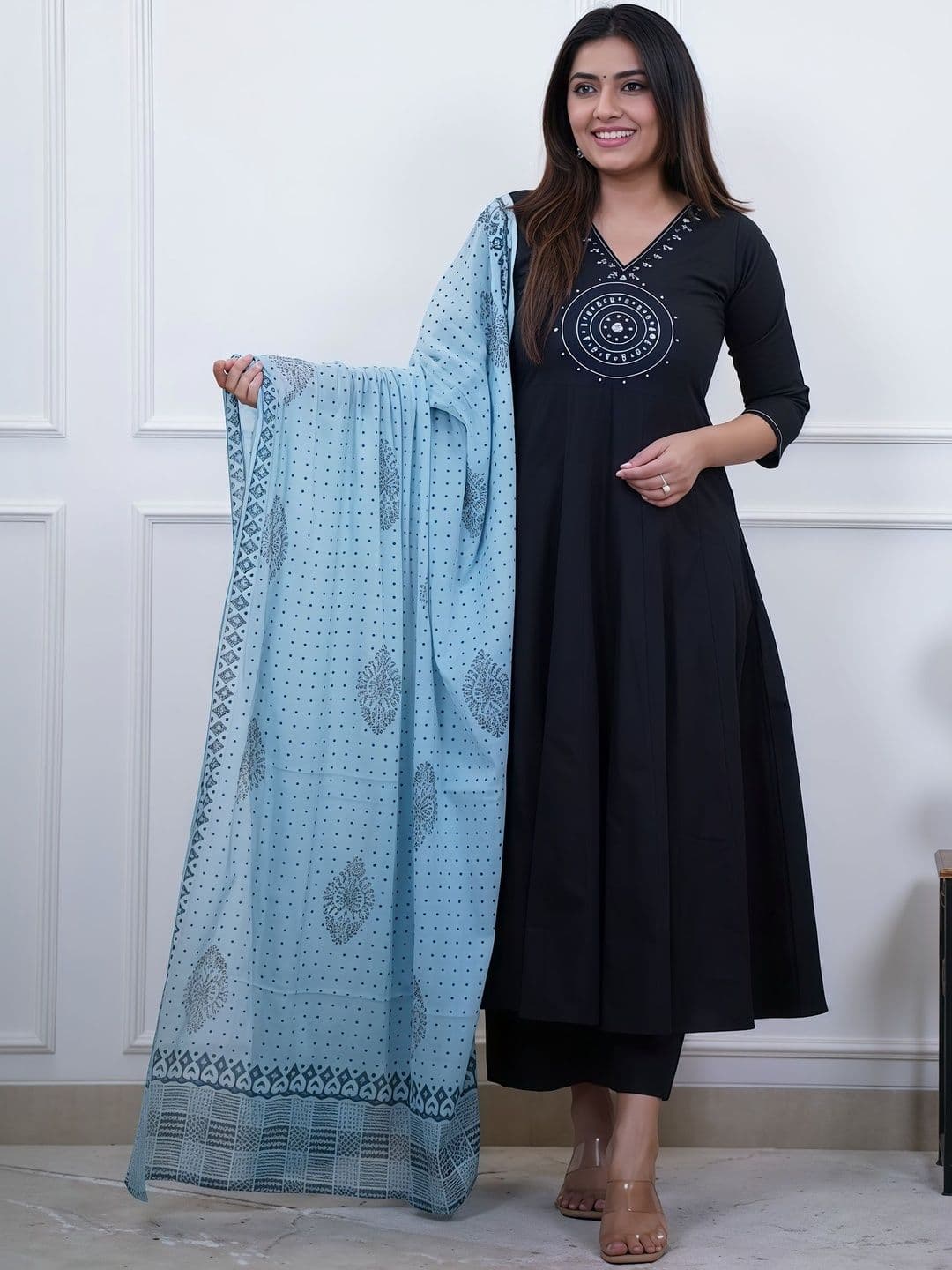 HERE&NOW Women Ethnic Motifs Embroidered Panelled Mirror Work Kurta with Trousers & With Dupatta - view 1
