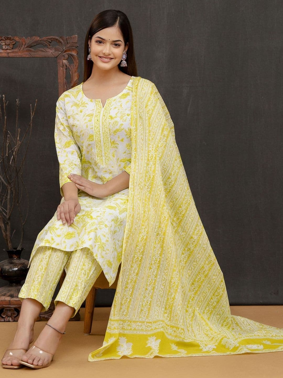 HERE&NOW Women Floral Printed Regular Pure Cotton Kurta with Trousers & With Dupatta - view 1
