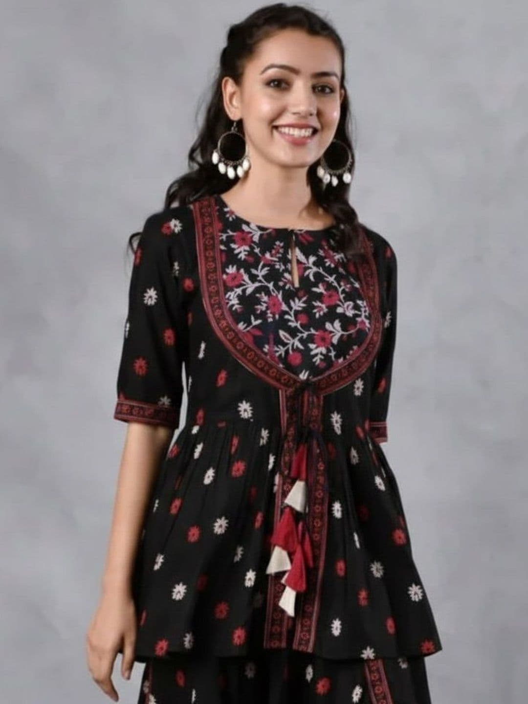 ANUTTARA FASHIONS Floral Print Keyhole Neck Peplum Top - view 1